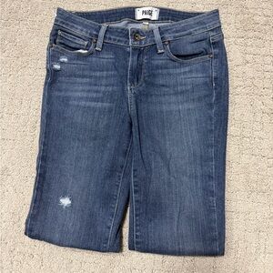 PAIGE Medium Blue Straight Leg Jeans with Light Distressing